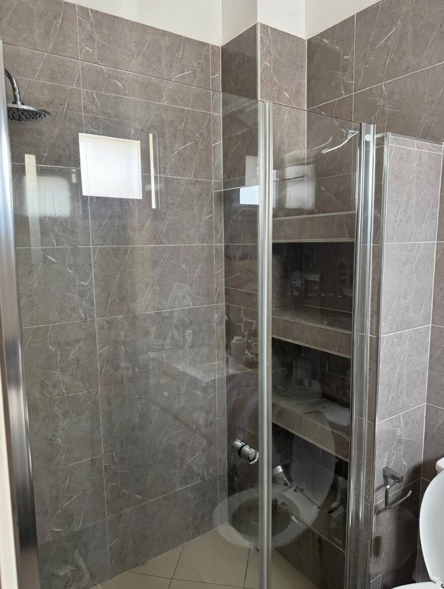 מקלחון מאחורי דלת זכוכית עם נישה בנויה ומדפים
